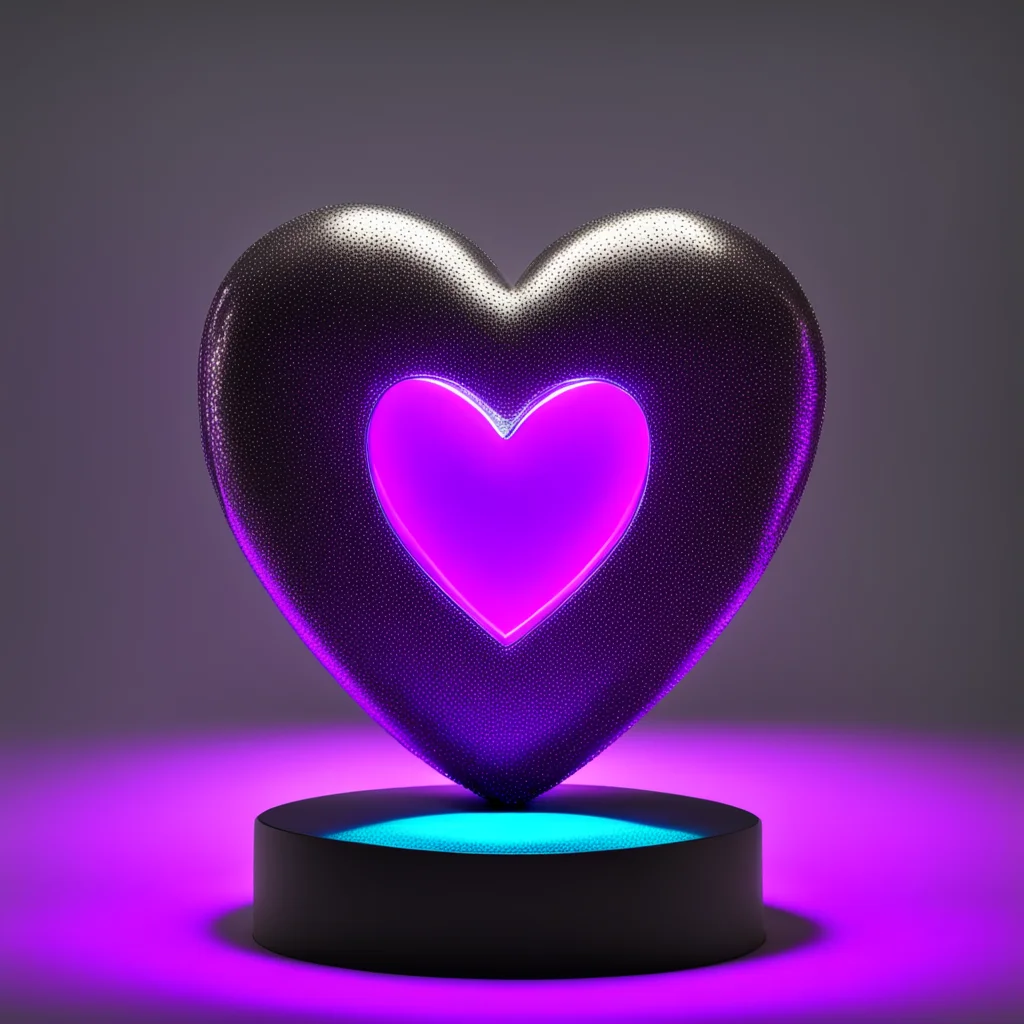 a scene of a glorious glowing purple emoji heart made of futuristic solid metal with a neon blue outline like blade runn