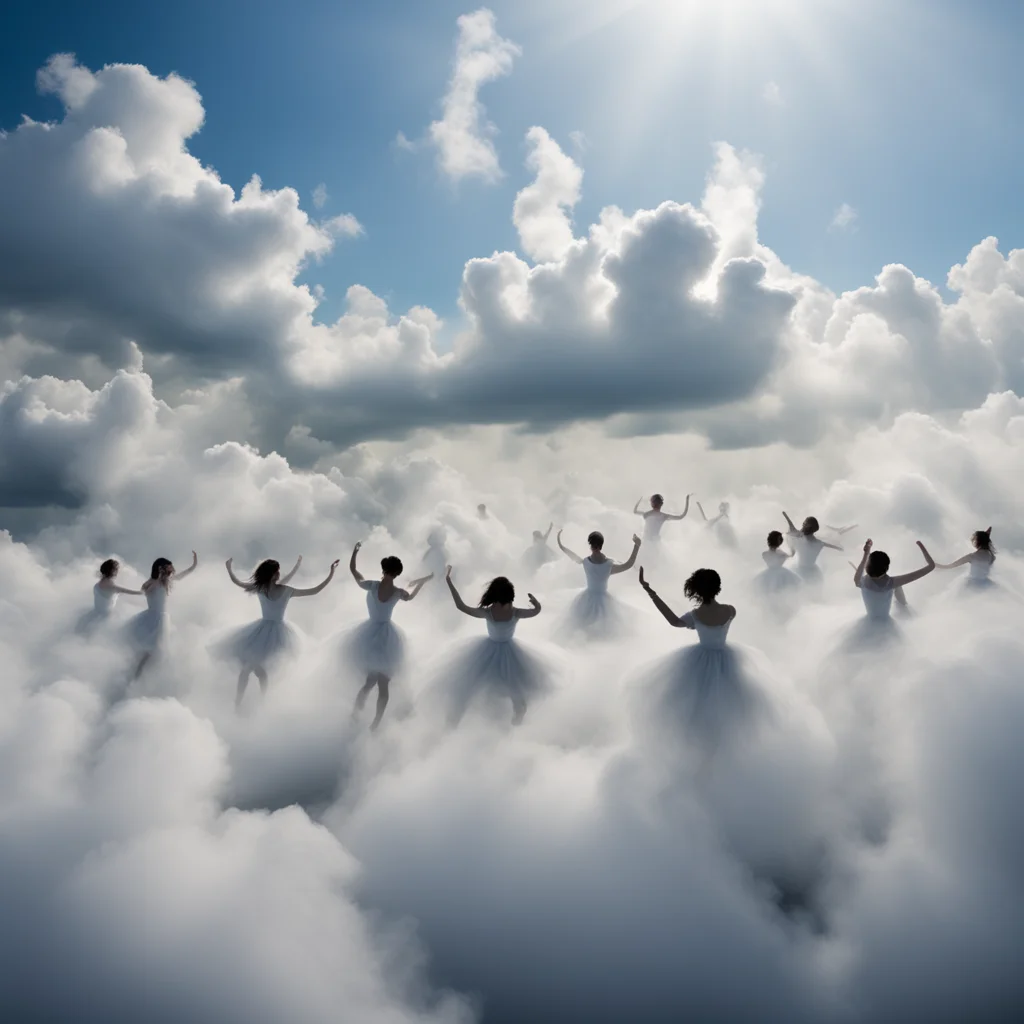a scene of people dancing made out of clouds One of the people dancing has only pure intentions