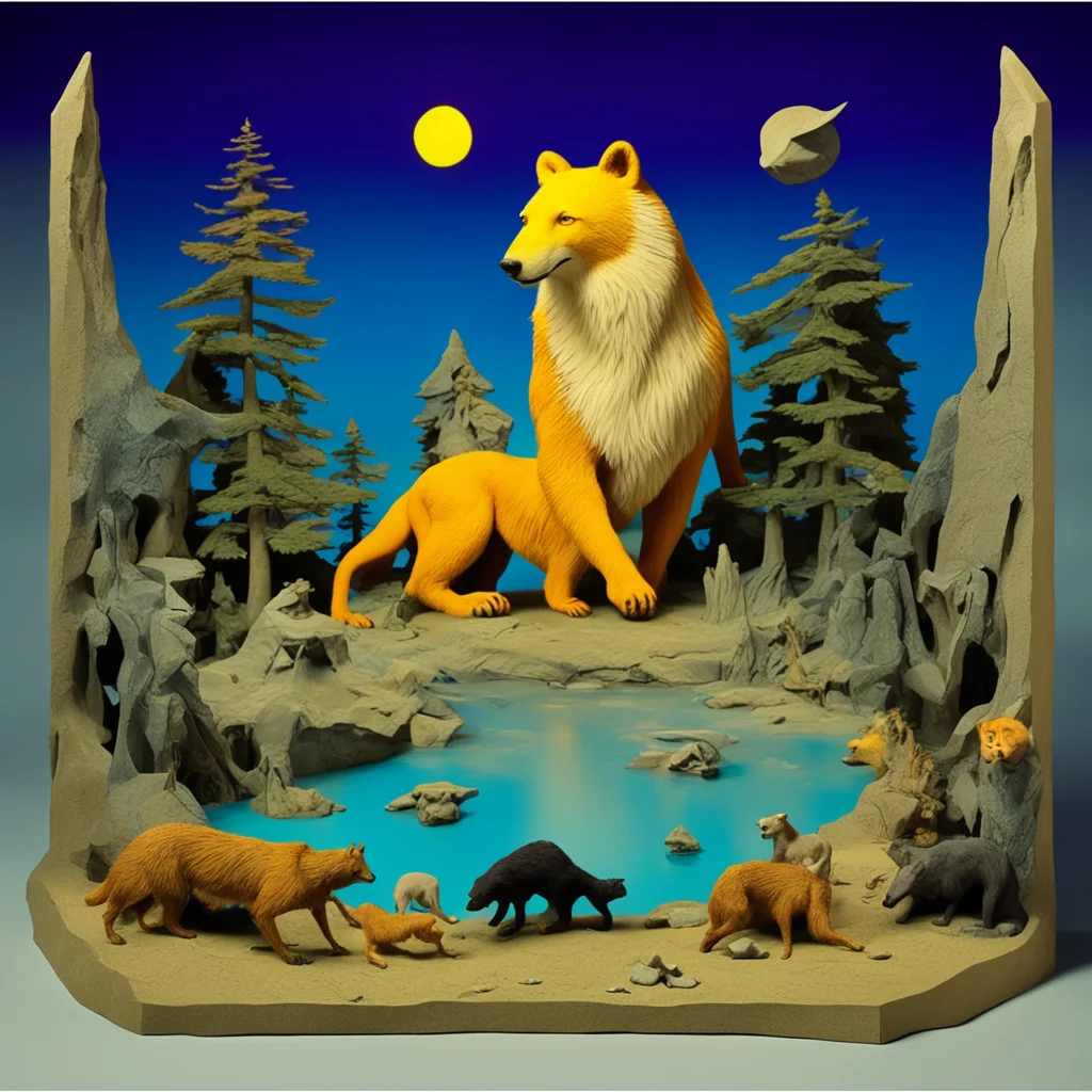 a scene with four animals a bear and a wolf and a panther and a badger as a detailed claymation diorama4 by Roger Dean W