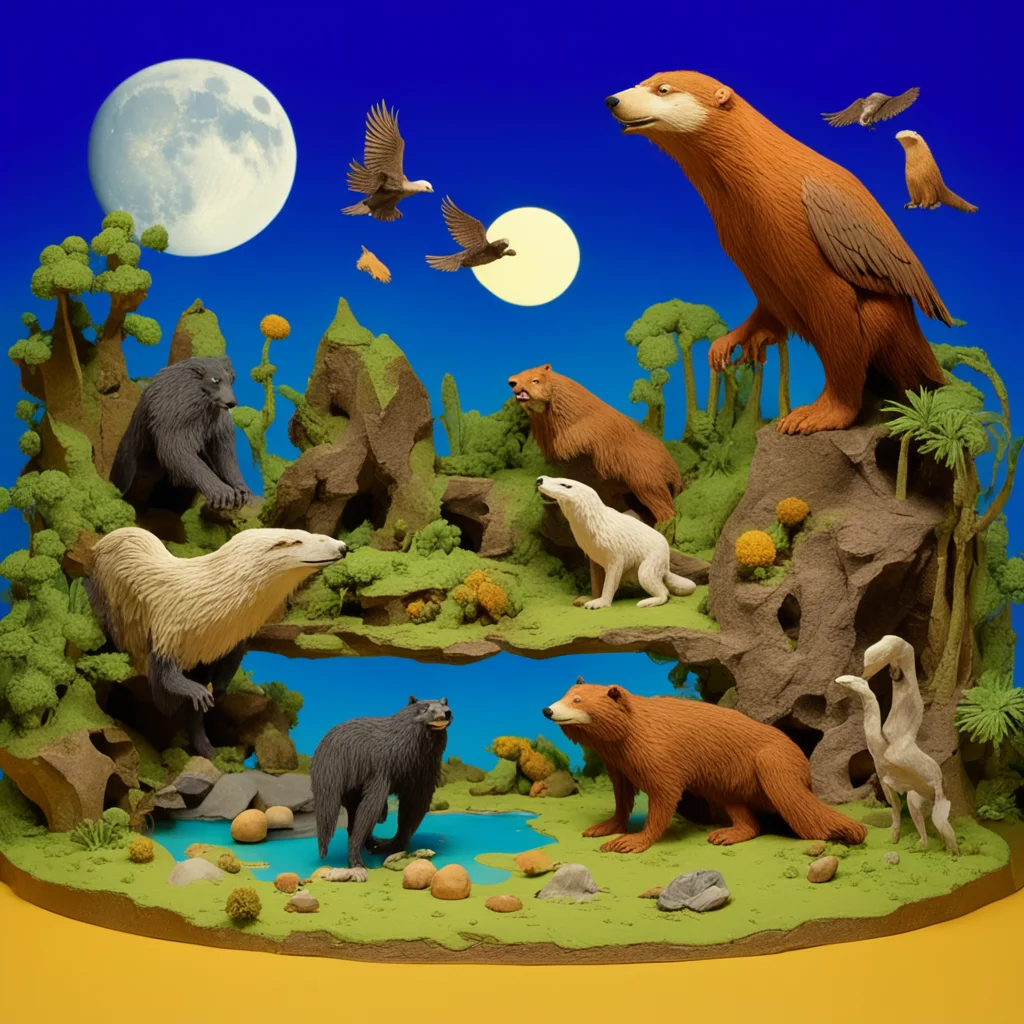 a scene with six animals a bear and an eagle and a mole and a wolf and a panther and a badger as a detailed claymation d