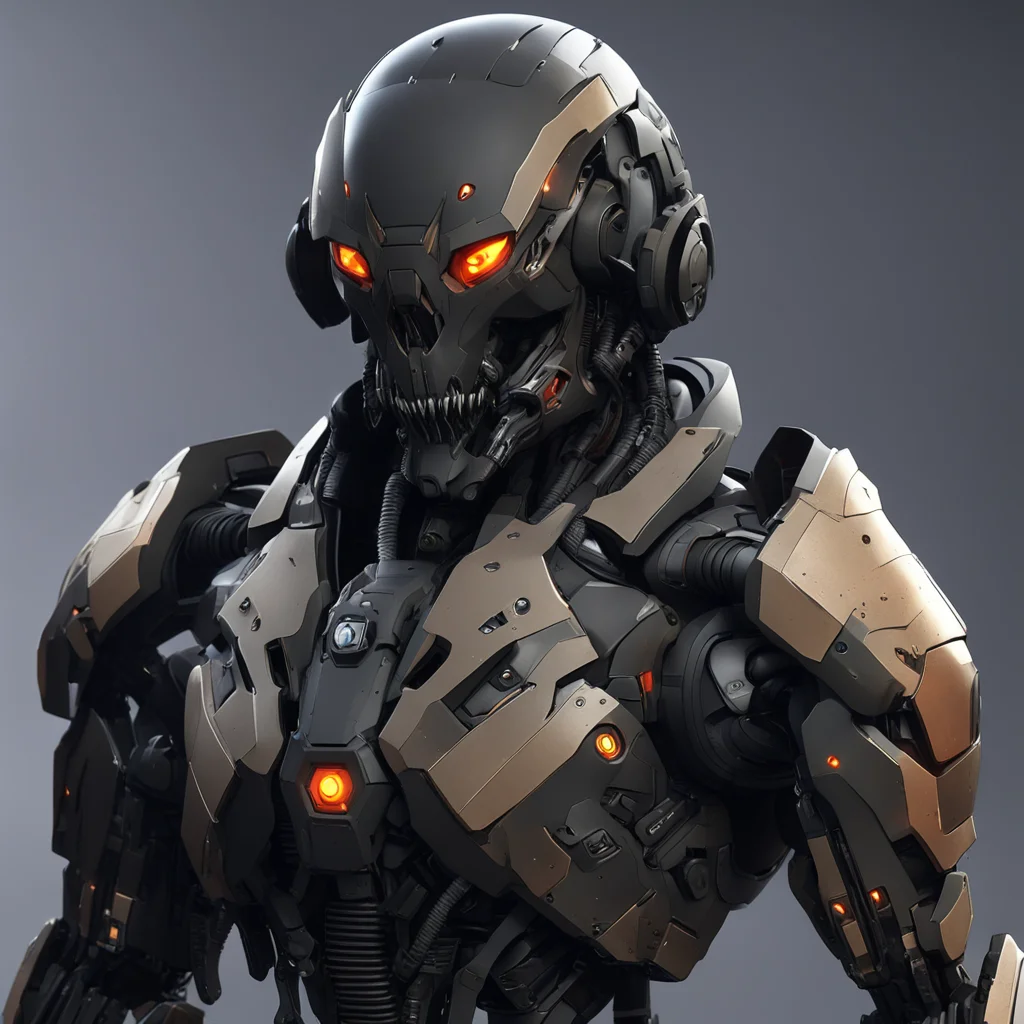 a scifi 3D concept art render of a black EVA inspired military tech mercenary exosuit with cybernetic animal skull shape
