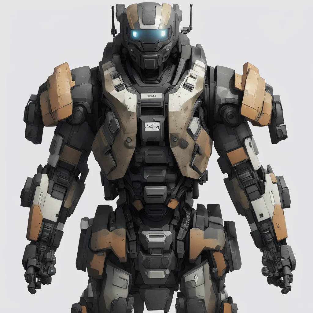 a scifi animation cel art piece of an Titanfall inspired military tech mercenary exosuit with featureless hard surface m