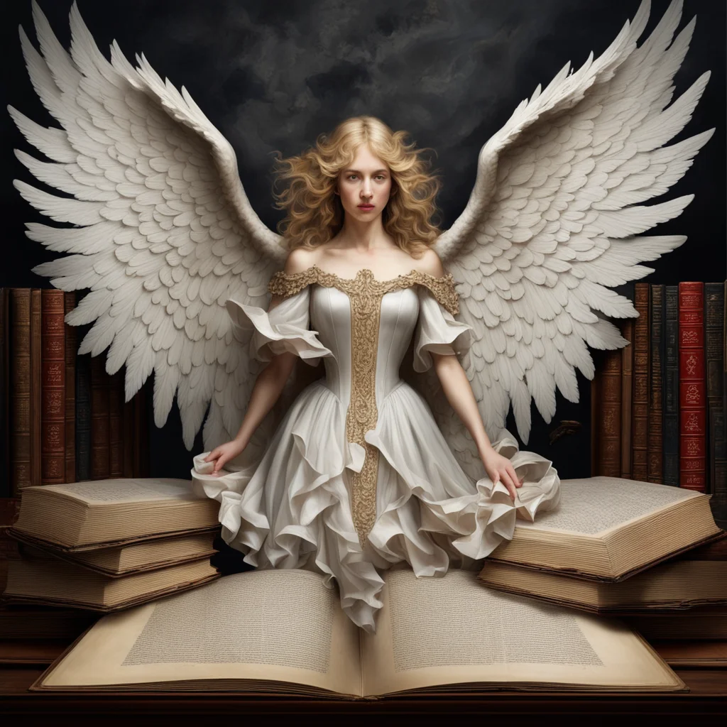 a secret image of a baroque angel of books covered in pages who rules deadlymystic writing rice and eerie libraries oil 