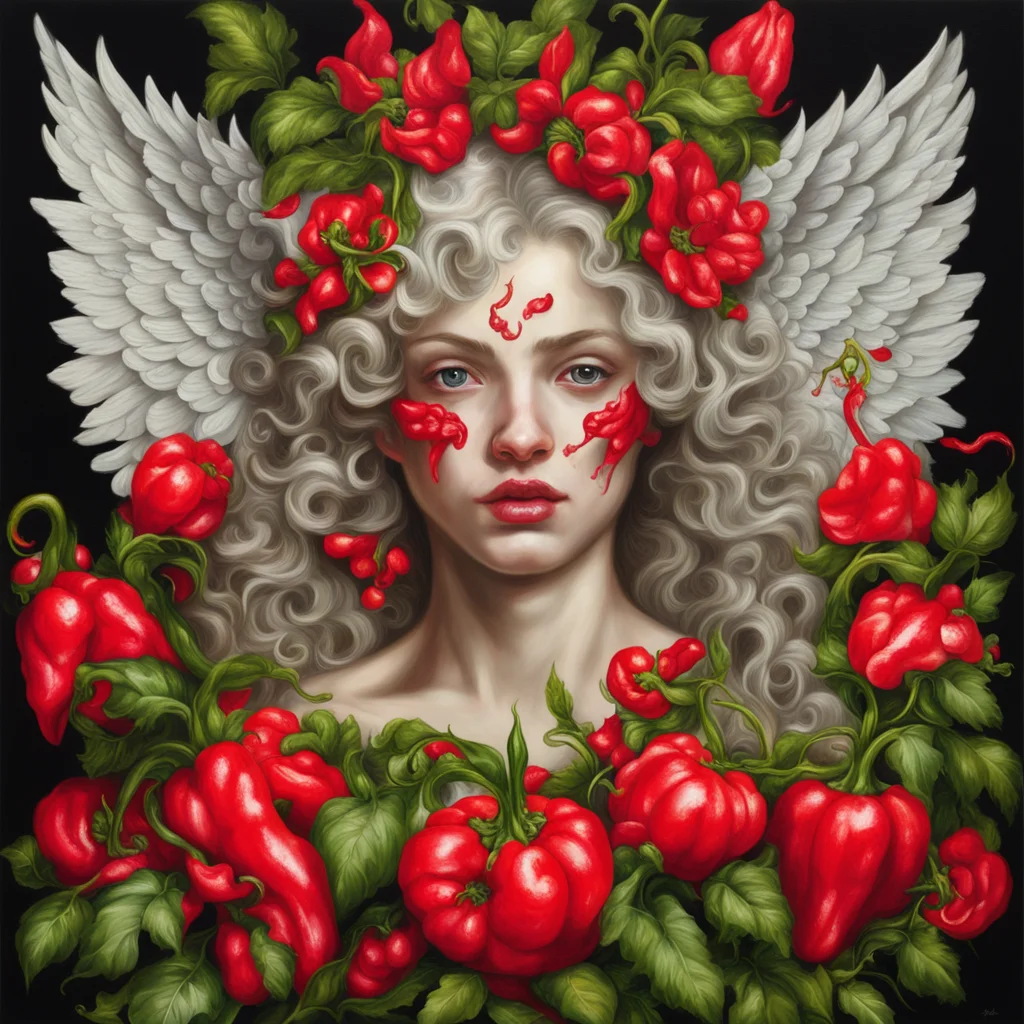 a secret image of a baroque angel of chili peppers covered in flora who rules deadlyhot spicy and eerie tasty oil painte