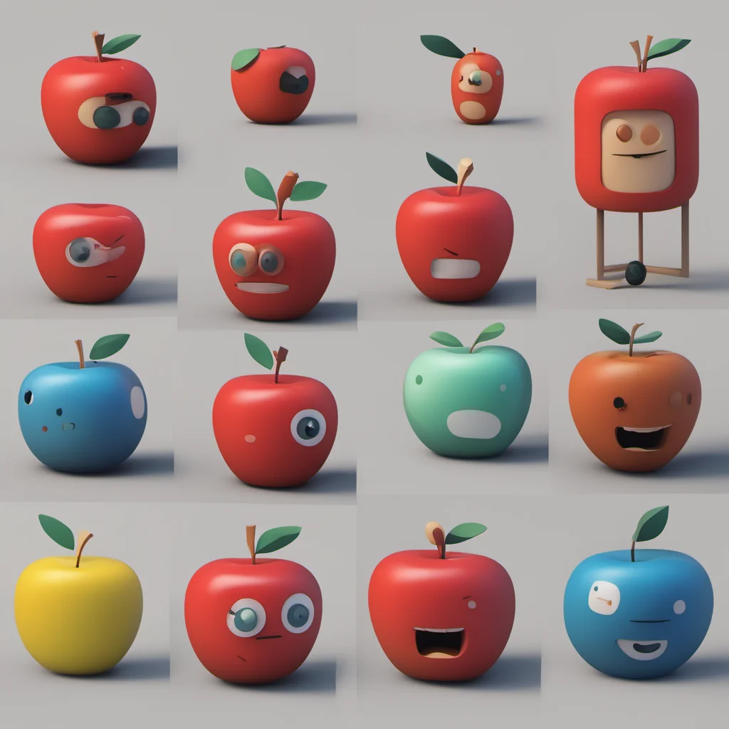 a set of apple designer toy art toy in stylized style pixar styleminimalist ar 169