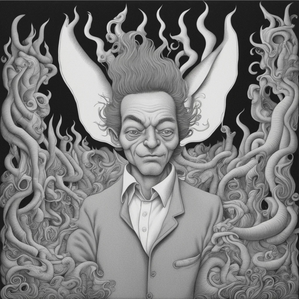 a sfumato painting of a charles burns drawing of a jim woodring painting of a cartoon man with flaming ears