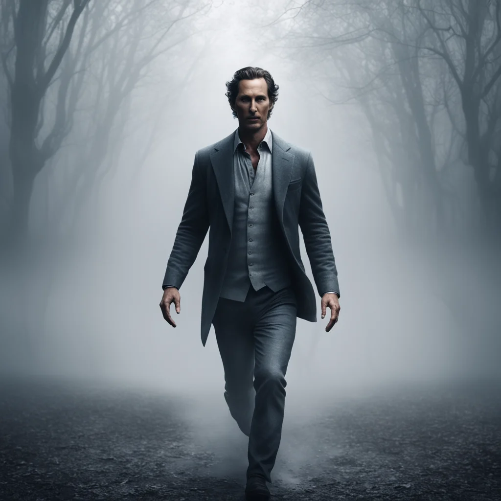 a shadowy version Matthew McConaughey floating through a dense fog towards the viewer hdr 3d render highly detailed tren