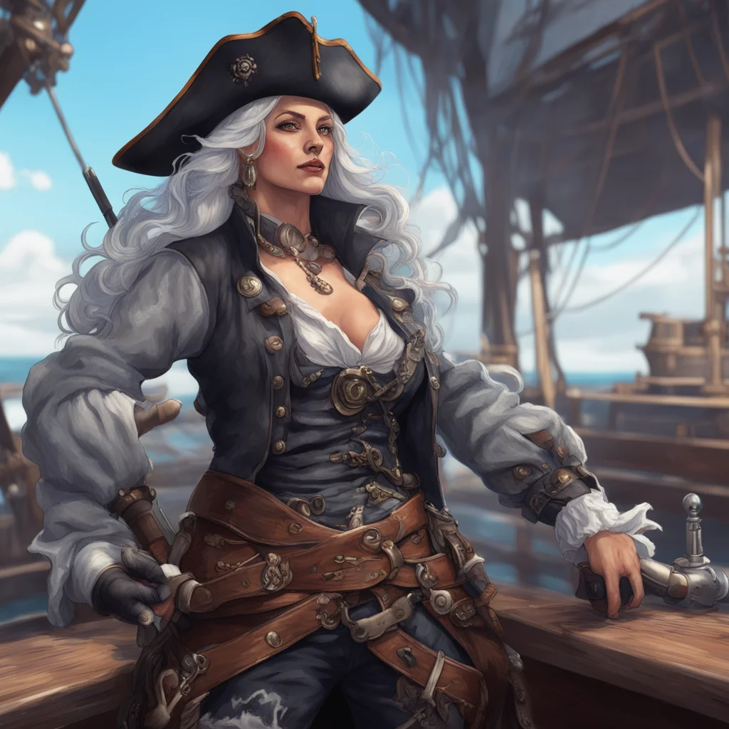 a silver haired pirate woman holding a revolver on the deck of a ship hyper detailed dnd art style aspect 916