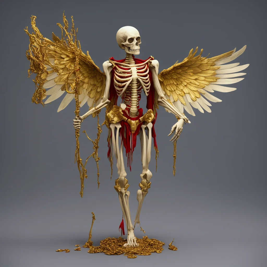 a skeleton angel stood with pale white skin and red extremities holding a spear of gold hd high definition 8k in the sty