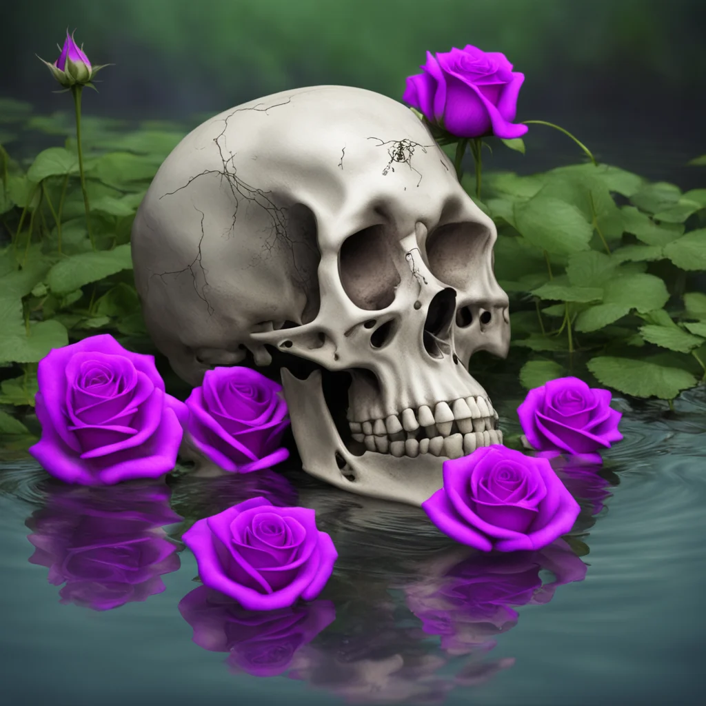 a skeleton in pond water purple roses growing around skull realistic