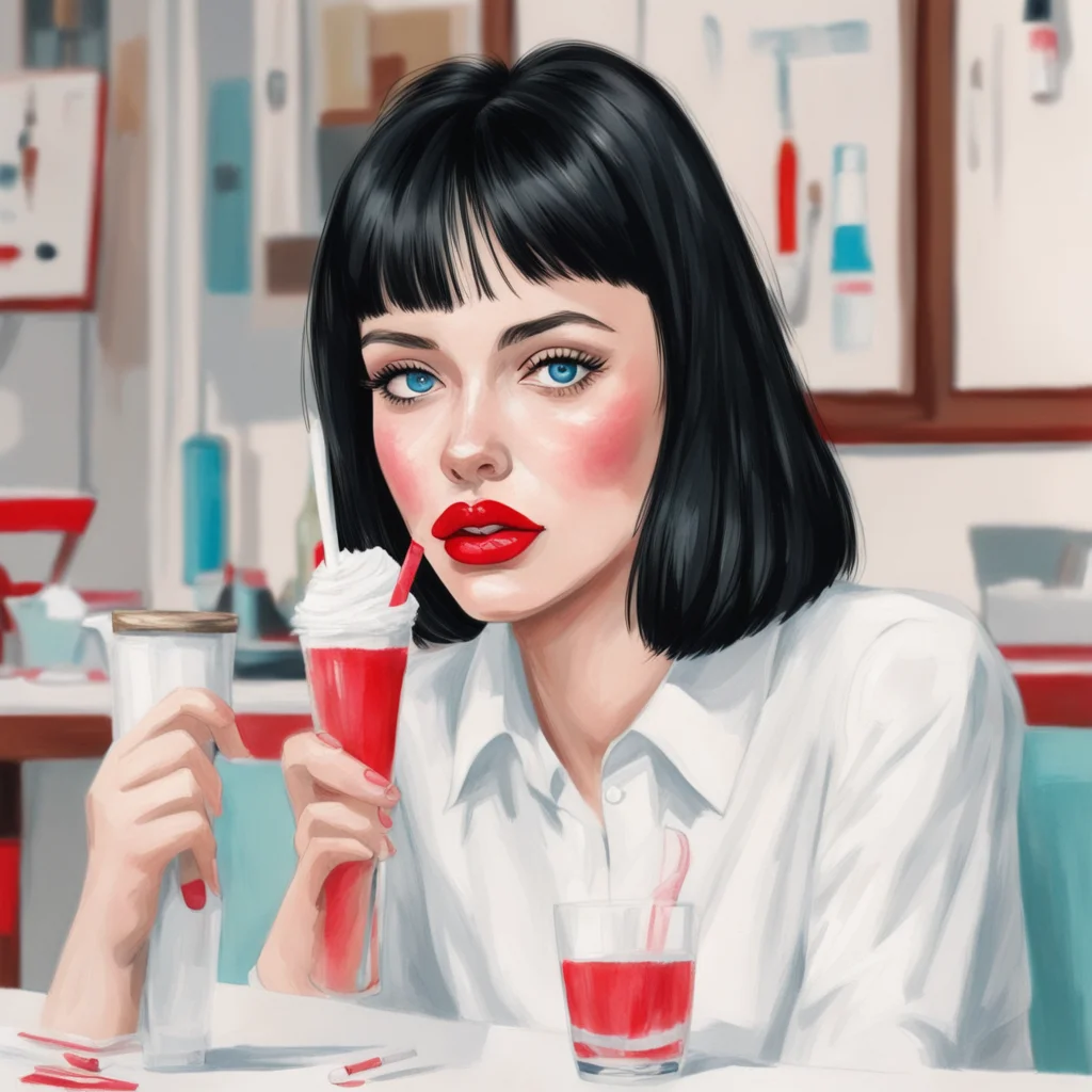 a sketch of a woman with large blue eyes thin nose red lipstick and black bob with fringe wearing a white shirt seated a