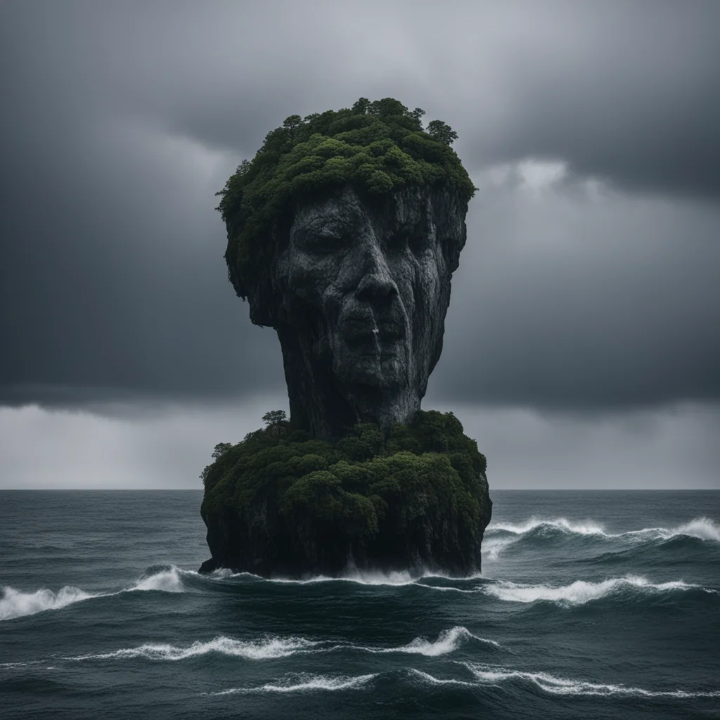 a small island with a giant marble head on it  dark moody stormy misty ar 209