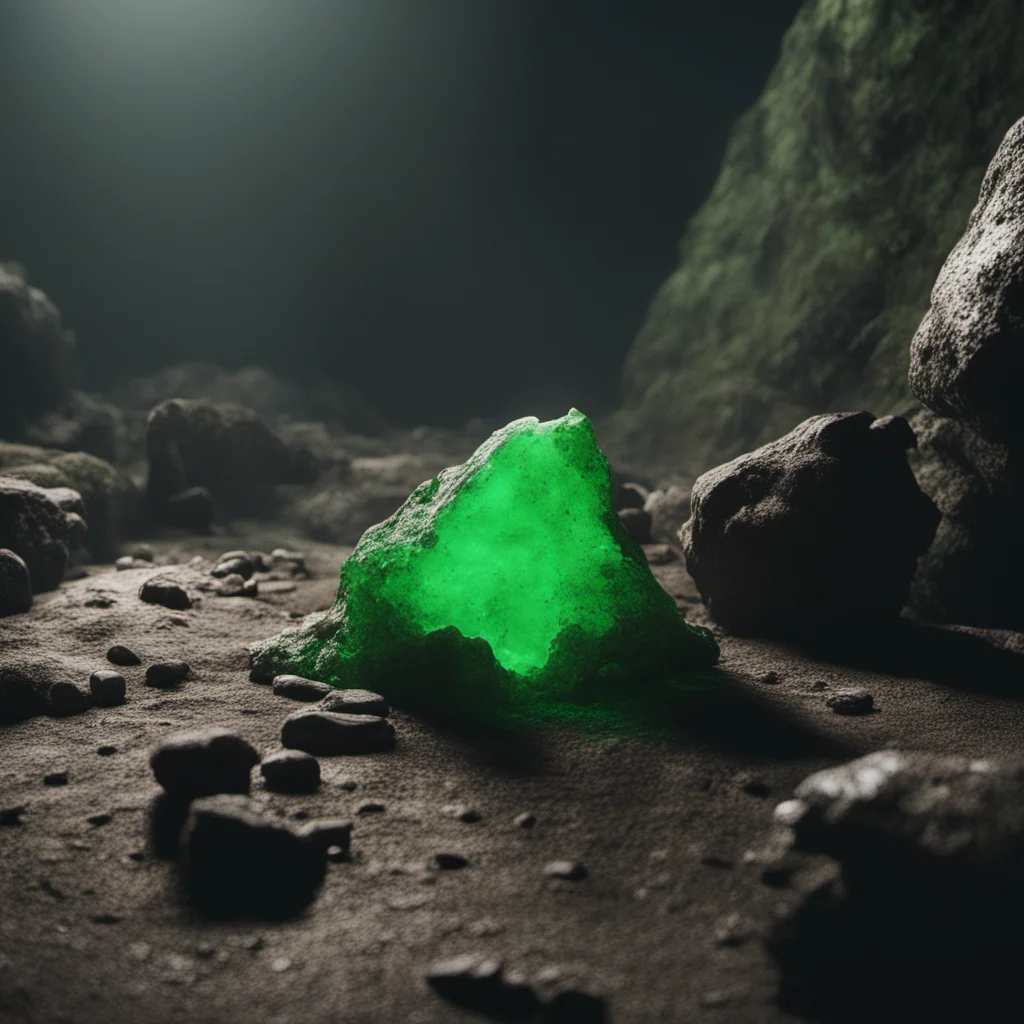 a small unearthed glowing green rock in a mine with spores coming off it in a wide cinematic shot