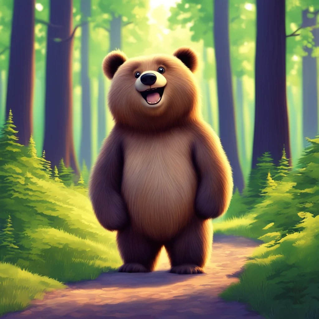 a smiling bear  Pixar style illustration situated in a forest landscape —ar 169