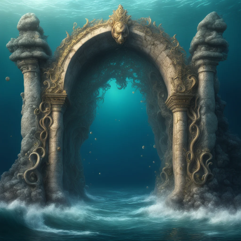 a stone and crystal archway with eldrich tentacle carvings in the ocean depths seaweed misty glowing arcane runes magic 