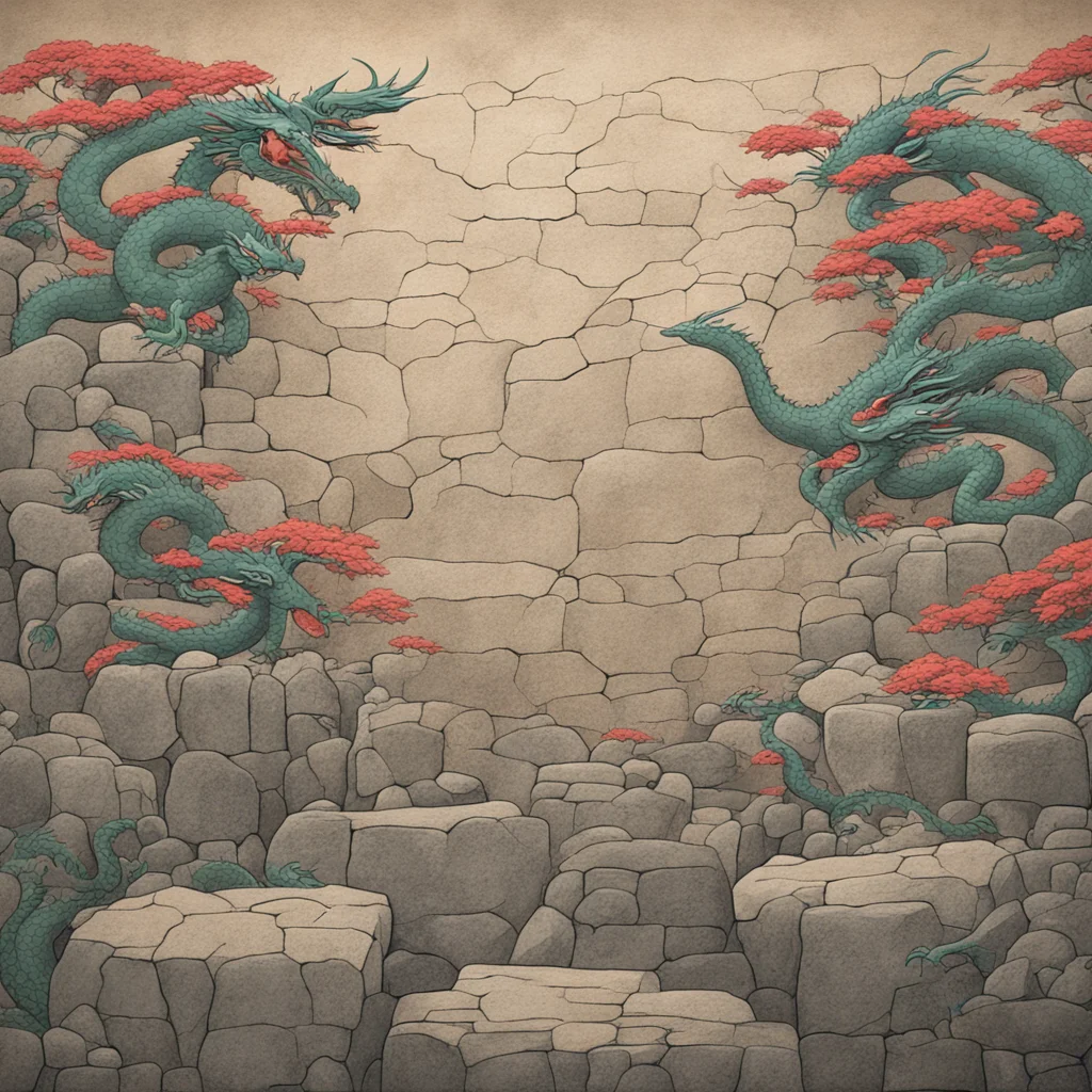 a studio Ghibli style painting Of an ancient Japanese stone wall with carvings that depict dancing dragons—aspect 169