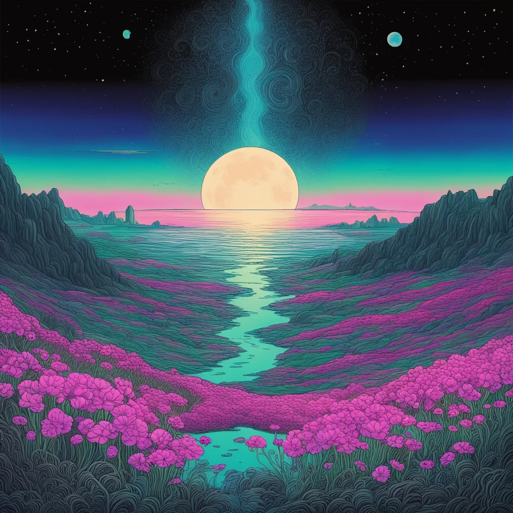a stunning alien moonscape bathing in moonlight hazy romantic mysterious prism a wide valley river scintillating in the moonlight a field of alien flow