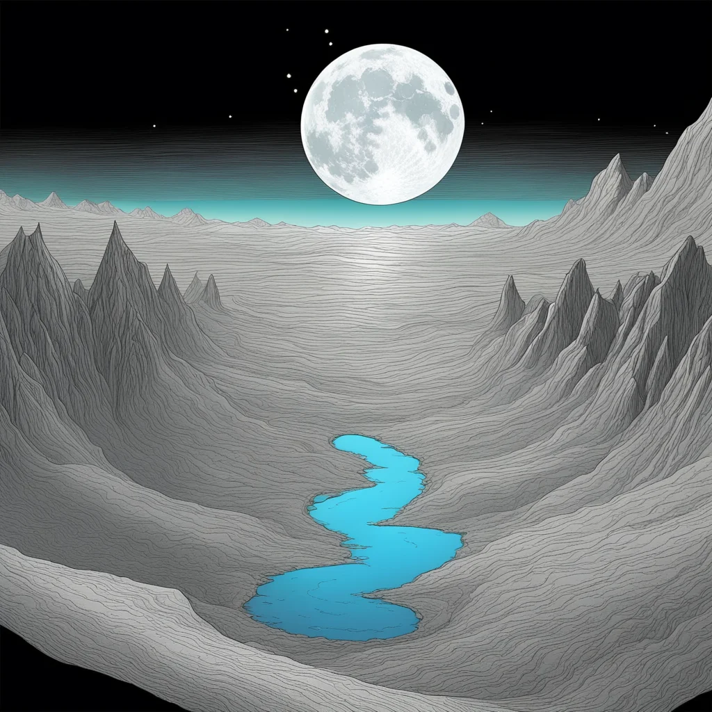 a stunning alien moonscape prism a wide valley river scintillating in the moonlight in the style of Jean Giraud Möbius t