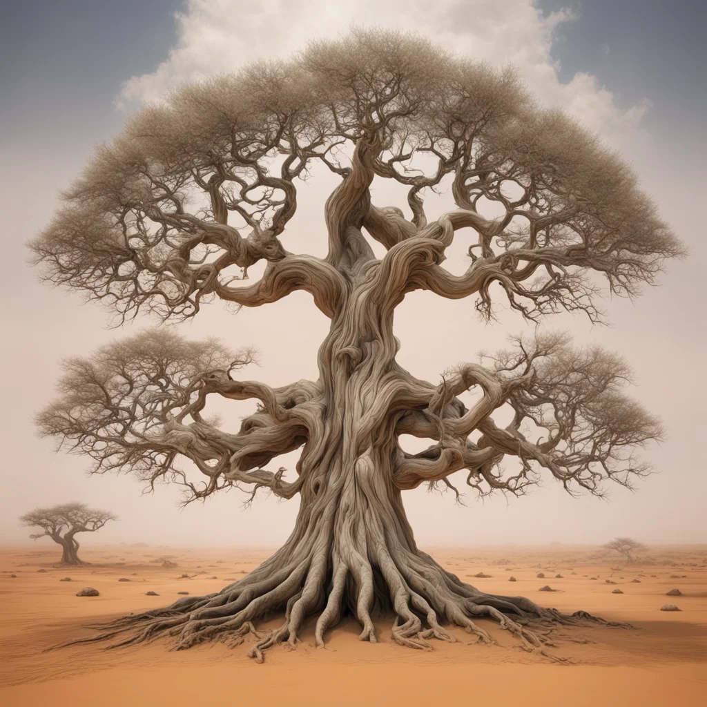 a stunning huge ancient white black tree in the sahara desert chinese Tai Chi symmetric composition sandstorm smooth and