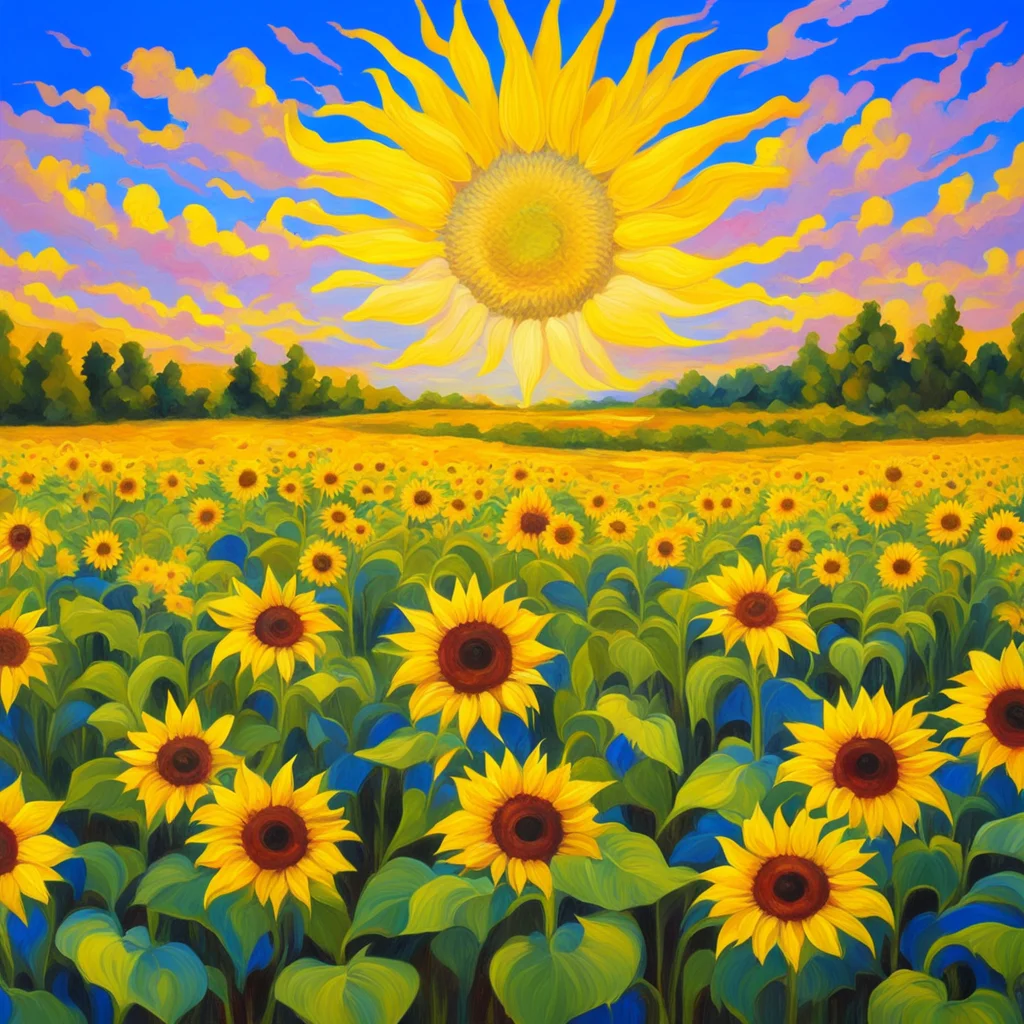 a sunflower field painted in the style of Don Davis and Rick Guidice ultra wide landscape ar 2012