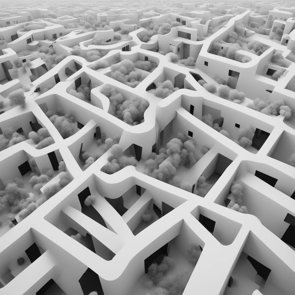 a swarm of millions of plushies intertwined social housing apartments black and white perspective wide angle robert moth