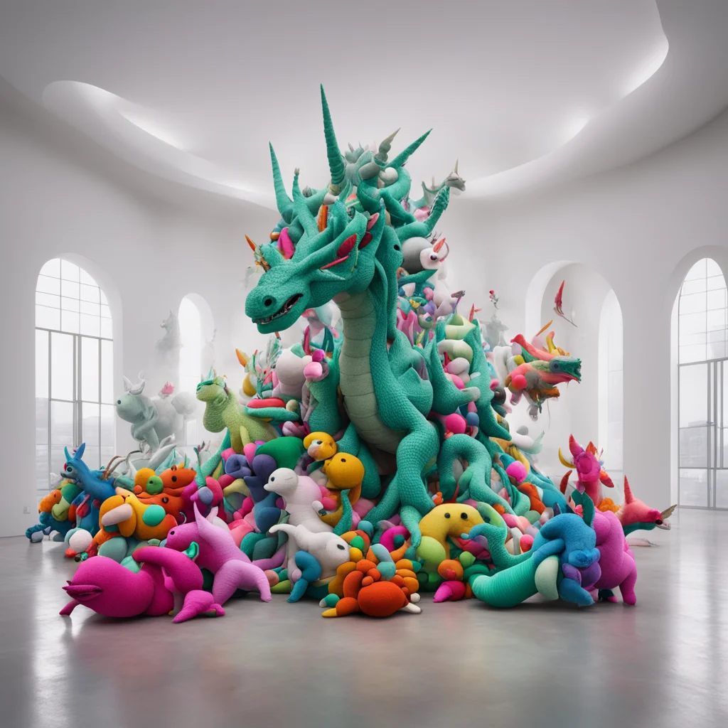 a swarm of plushies intertwined dragon leviathan unicorn sculpture in building exhibit perspective wide angle Jean Tingu