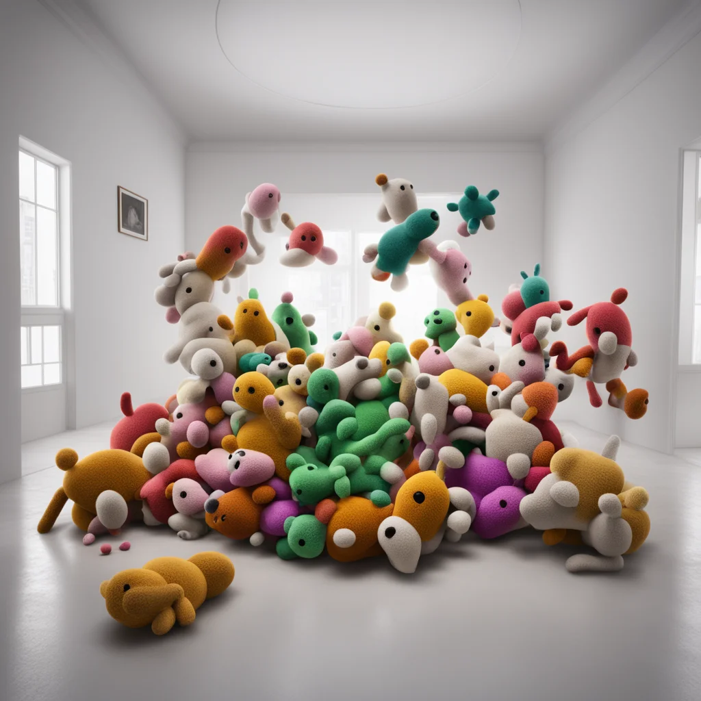 a swarm of plushies intertwined social houseing sculpture in building perspective wide angle mike kelley clo3d fog hyper