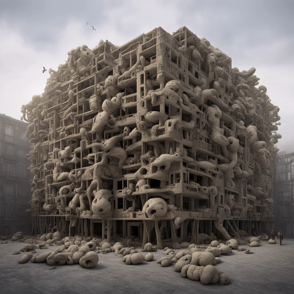 a swarm of plushies intertwined thousands of parts kitbash timber construction building in a building social housing hr 