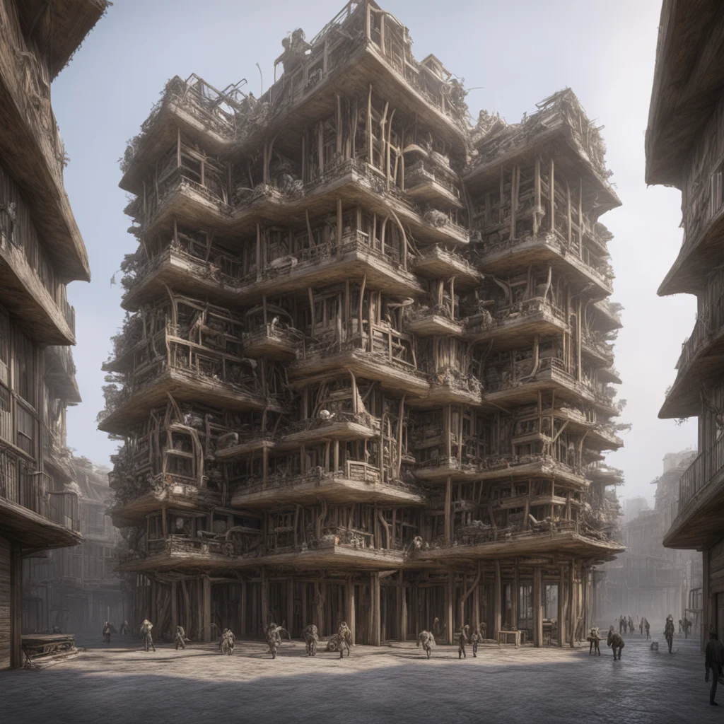 a swarm of plushies intertwined timber construction building in a building social housing hr giger perspective wide angl