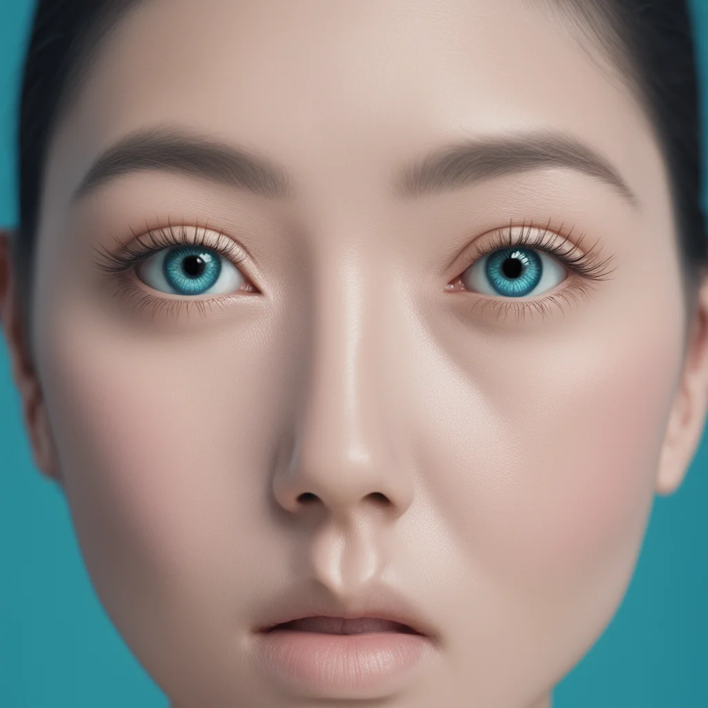 a symmetrical portrait of a korean actress close up on eyes with microphotograph of a high tech contact lens eyes pupil 
