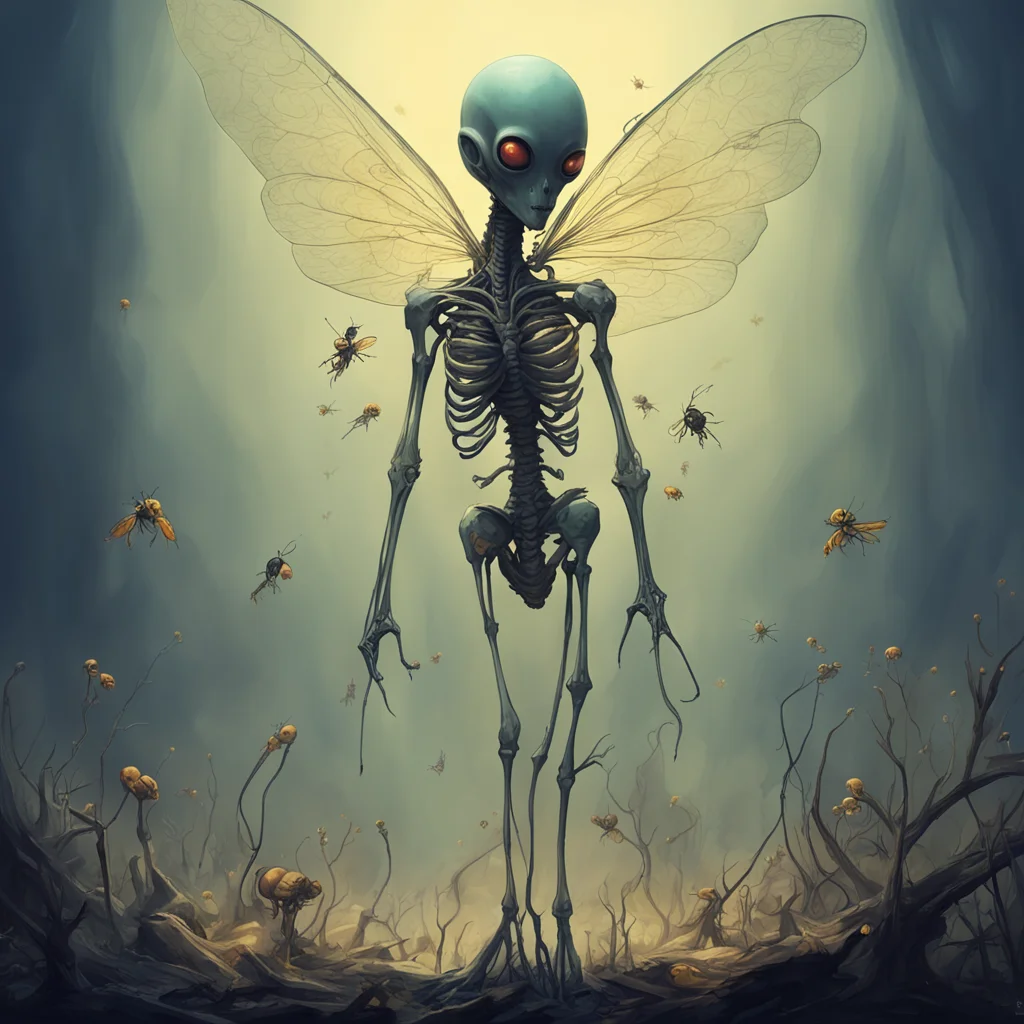 a tall thin alien being made of bones dissecting a wasps hive filled with smoke and small fairy like creatures illustrat
