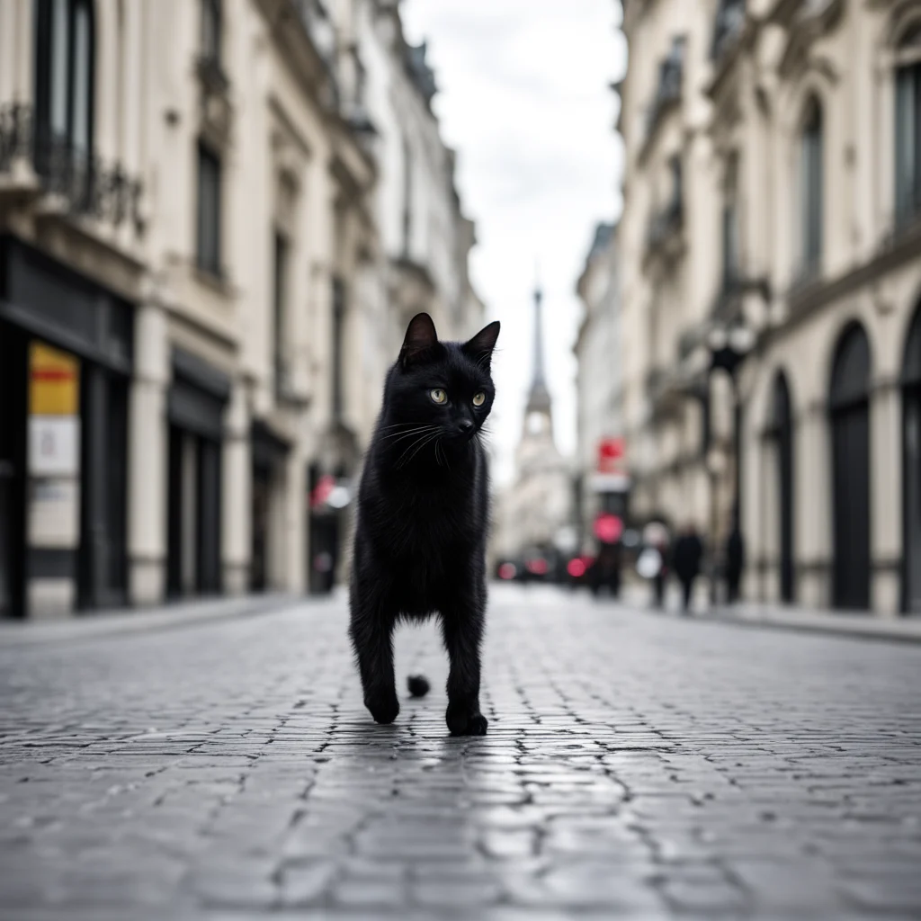 a thin elegant adorable black cat walking in paris complete limbs 8k incredible impact stunning atmosphere high octane h