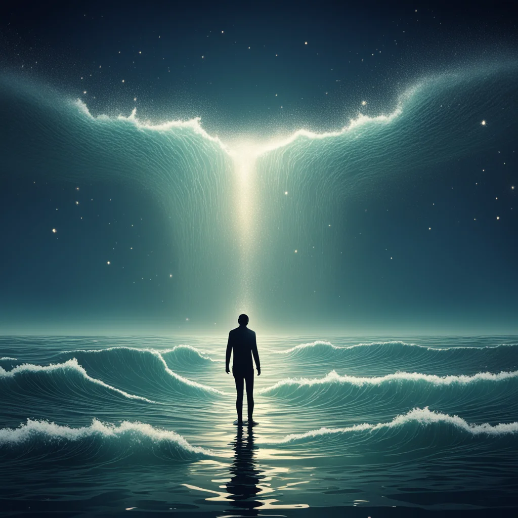 a tiny human has depression standing in the huge sea that has some waves and sparkle lights in Jeff Daniel Smith style w