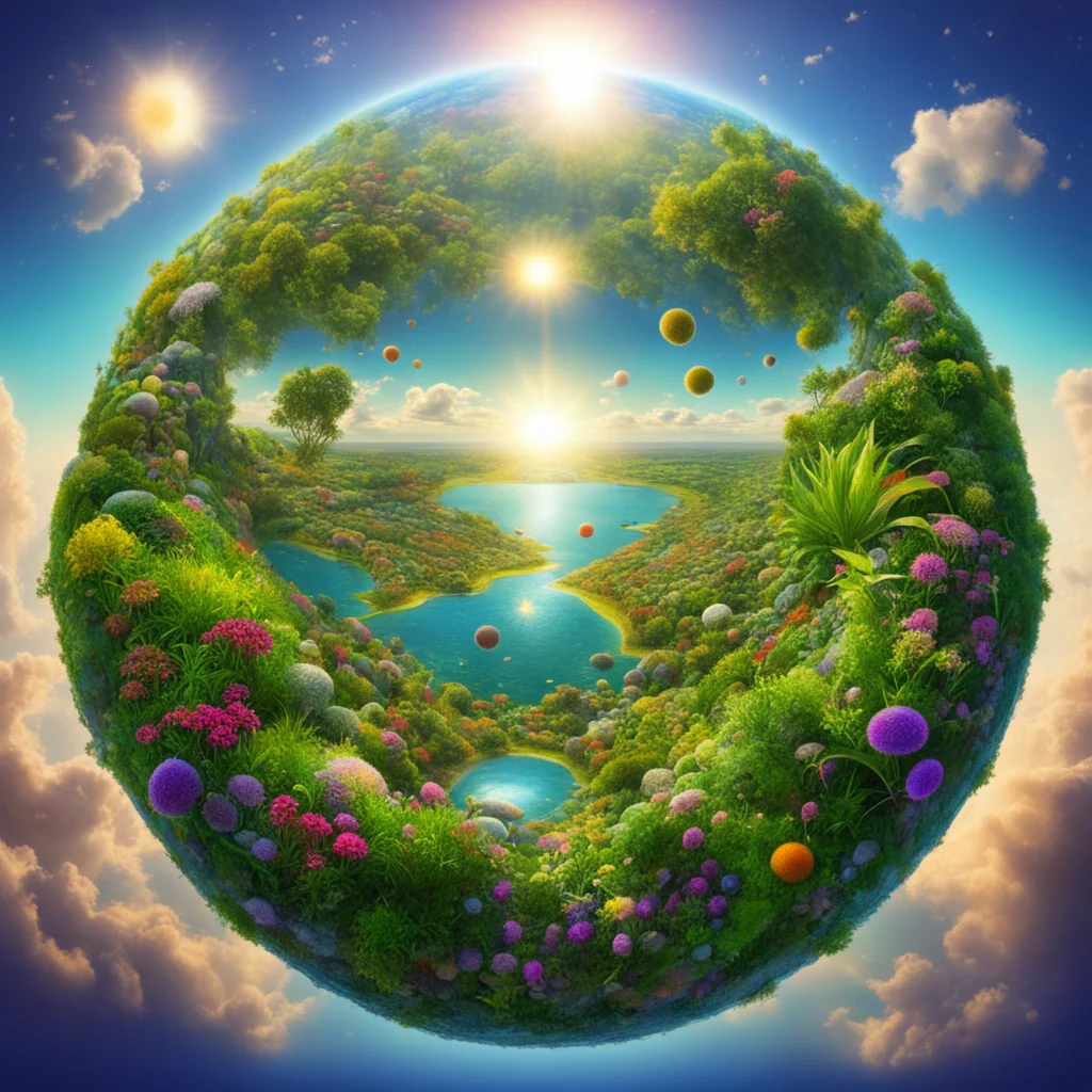 a tiny seedball planet with every plant represented in Gigapixel Panorama noahs ark salvation of humanity water sun ethe