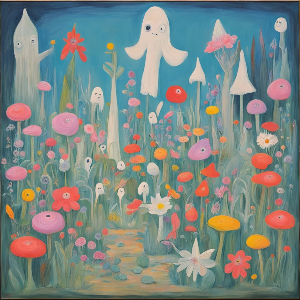a tove jansson painting of a clay animation flower garden with sword bearing lanky ghosts of the past