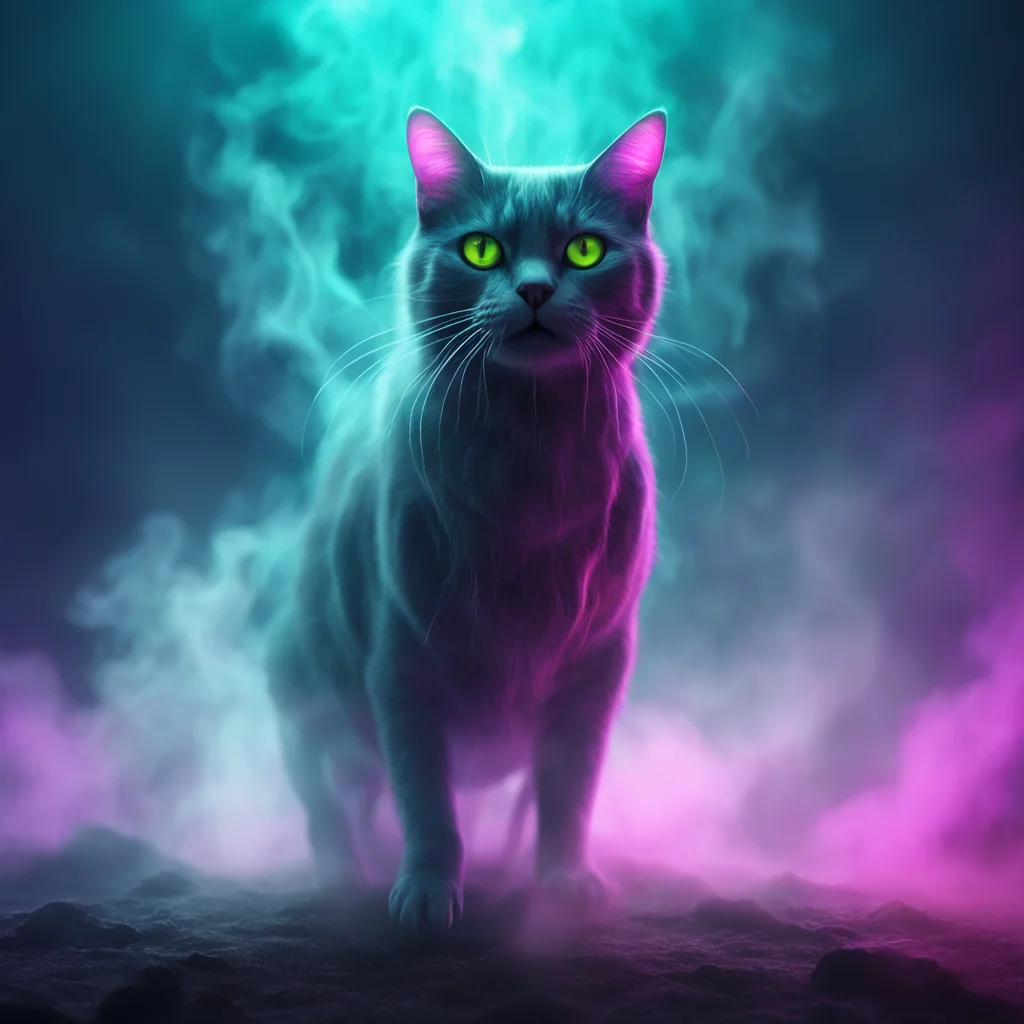 a translucent ghostcat made of colorfull prisma fog and smoke and dust and the light shines from inside to outside  Horr