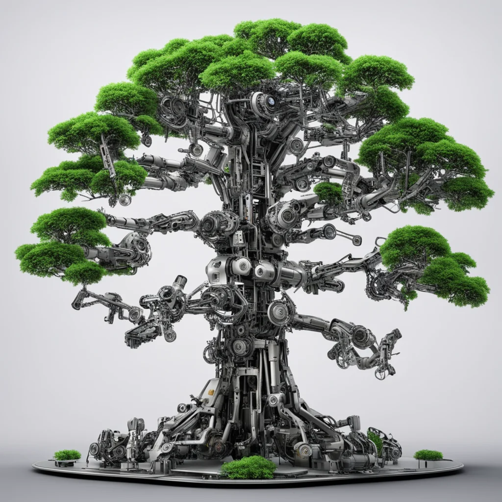 a tree made out of robots and mechanical engineering metal parts photorealistic