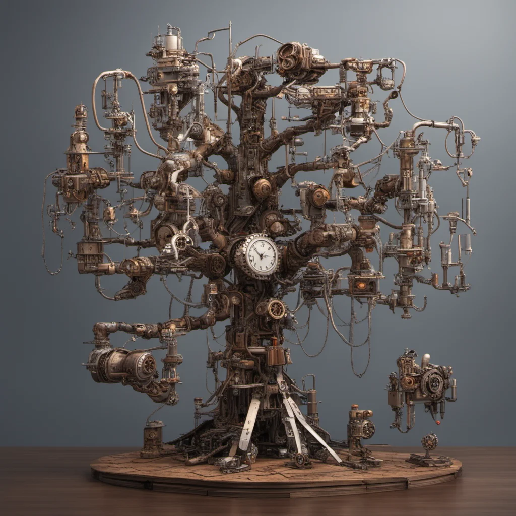 a tree made out of robots and mechanical engineering steampunk style metal parts photorealistic no bark