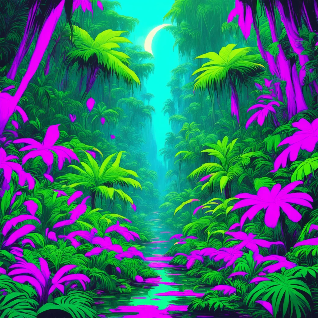 a trippy alien jungle from an 80s anime in the style of 80s anime high level of detail and complexity in the scenery ar 