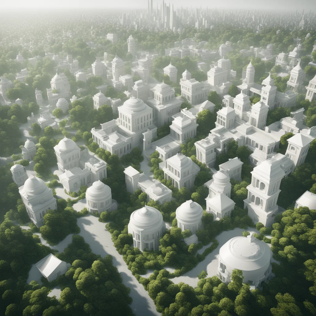 a very dense white city made with small round white houses around muted green forest wide angle shot mist futur insanely