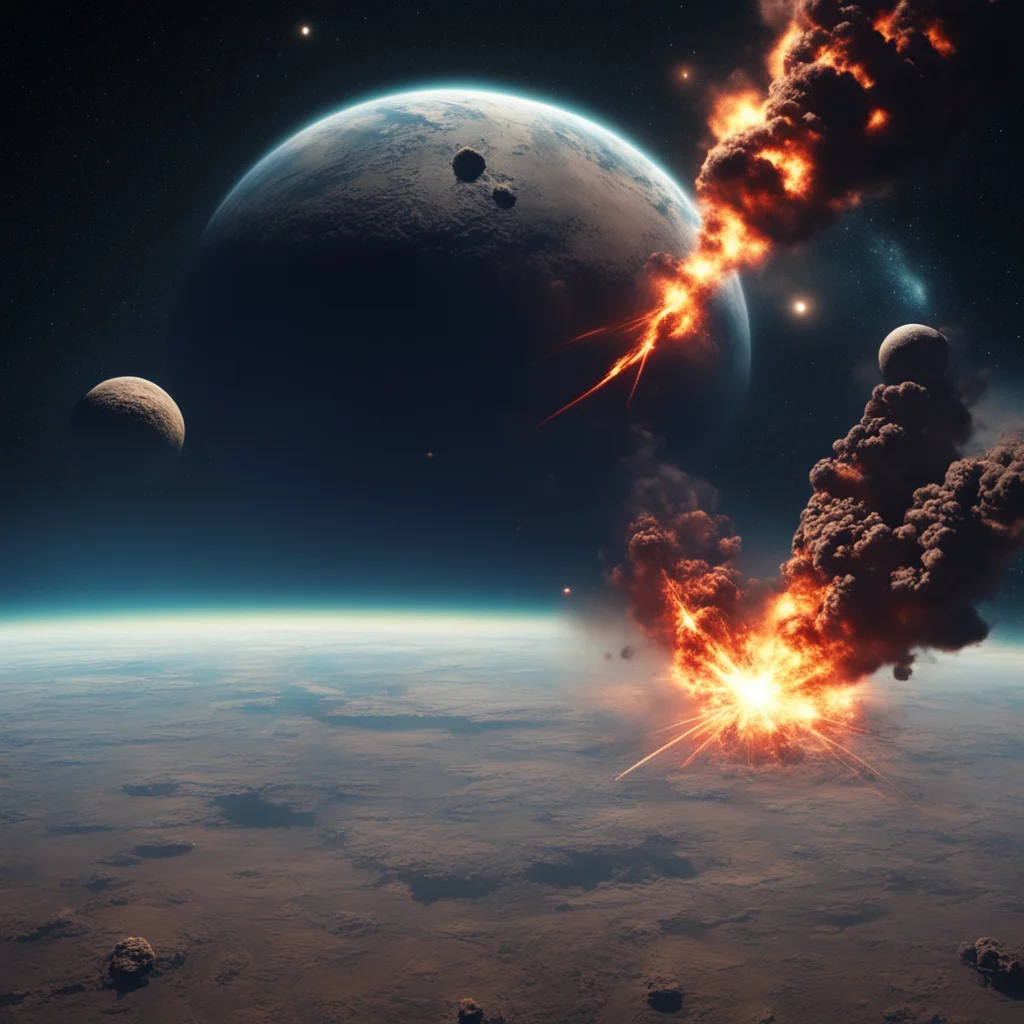 a view from outerspace watching a meteor colliding on a planet dramatic octane explosion huge photorealistic hyperrealis