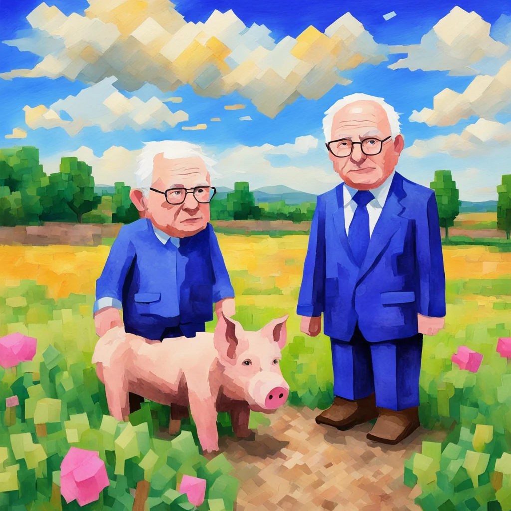 a water color of Bernie Sanders next to a Minecraft pig in a field in the style of Van Gogh