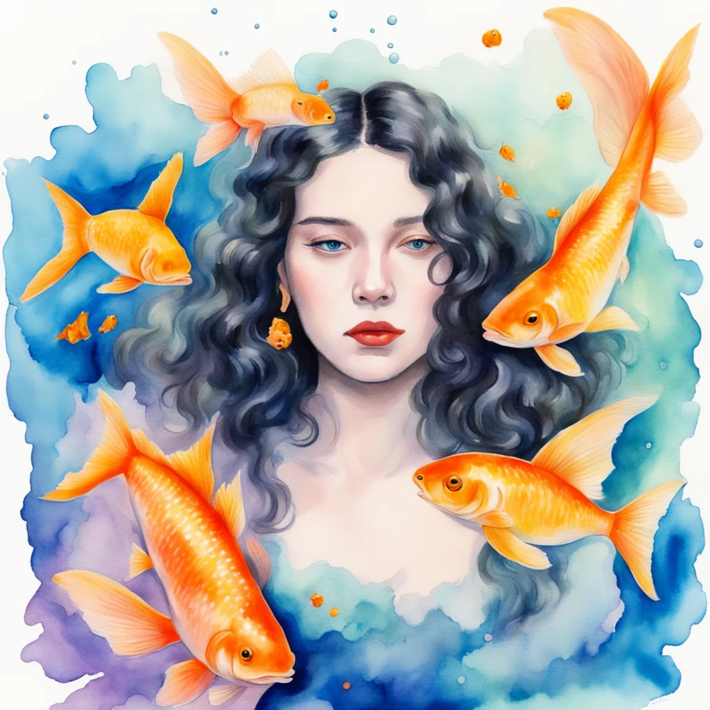 a water color painting of musician king princess with two goldfish
