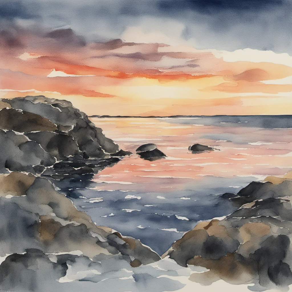 a watercolor midnight sunset reflecting off still northern atlantic waters off the rocky coast of western sweden