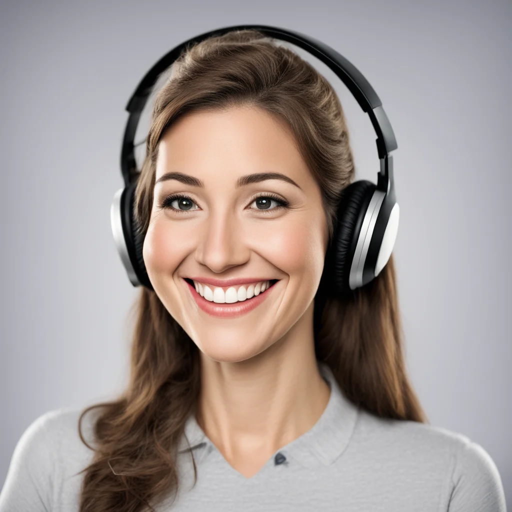 a watermarked stock photo of woman wearing a headset smiling depicted by a charicature artist