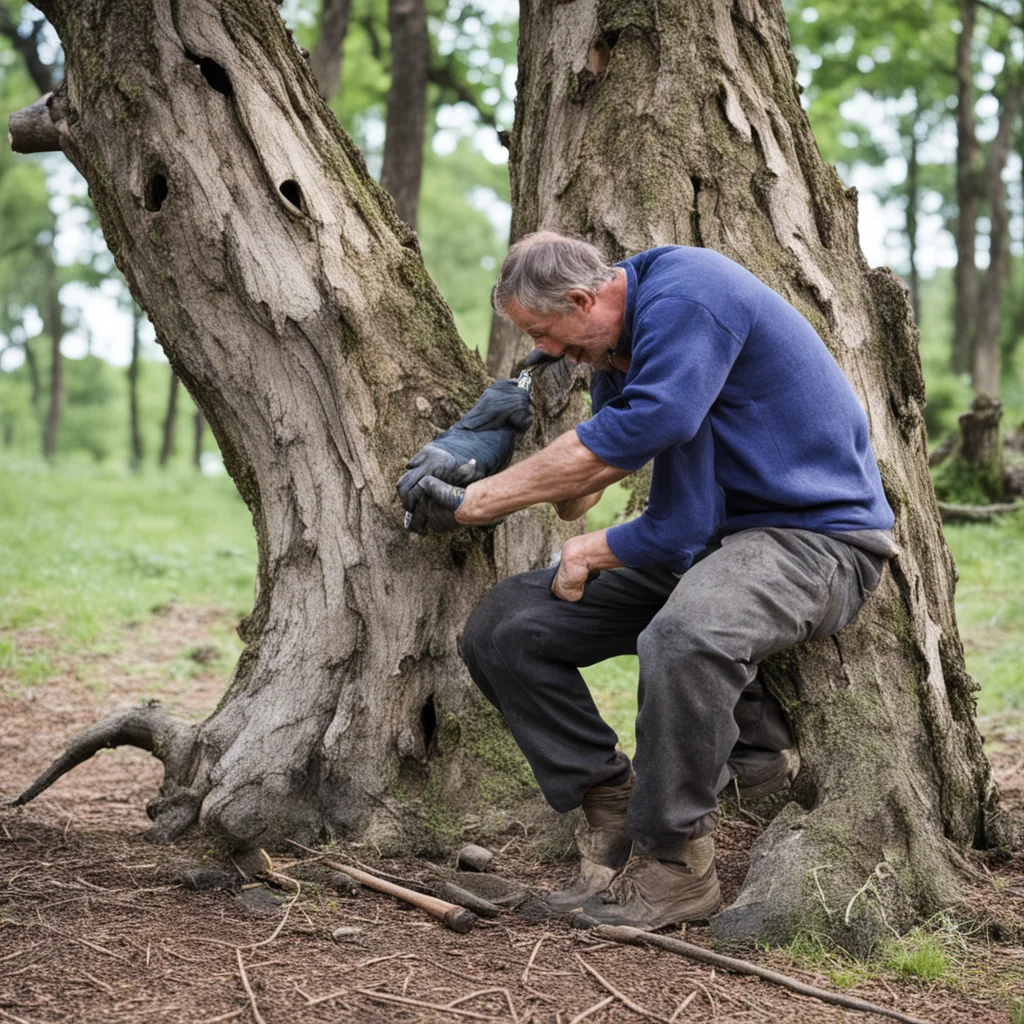 a weathered groundsman applying an ointment to a broken tree trunk