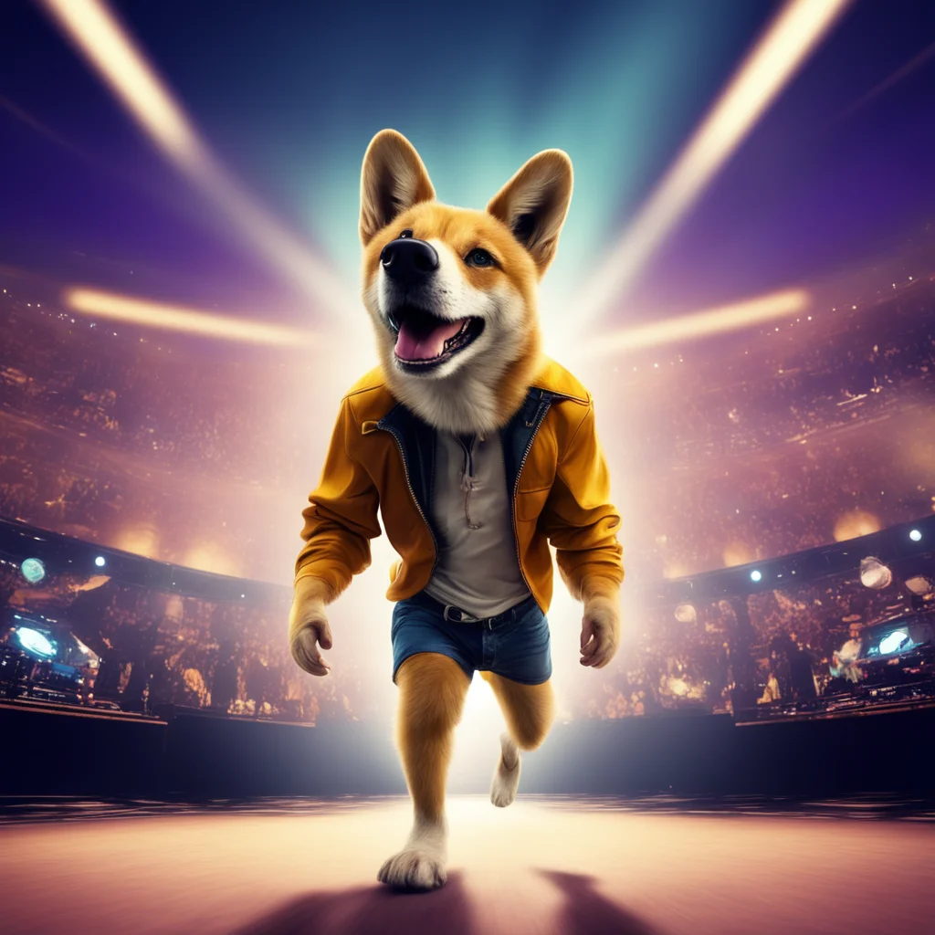 a wide angle shot from below of a confident dingo man dj striding toward the camera concert stage background   digital artwork ar 57