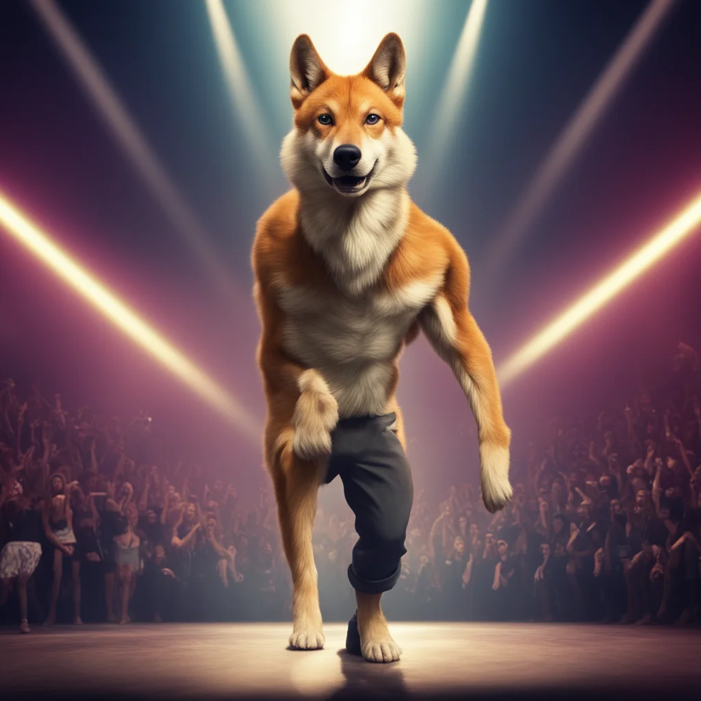 a wide angle shot from below of a confident dingo man dj striding toward the camera muscular body swagger concert stage 