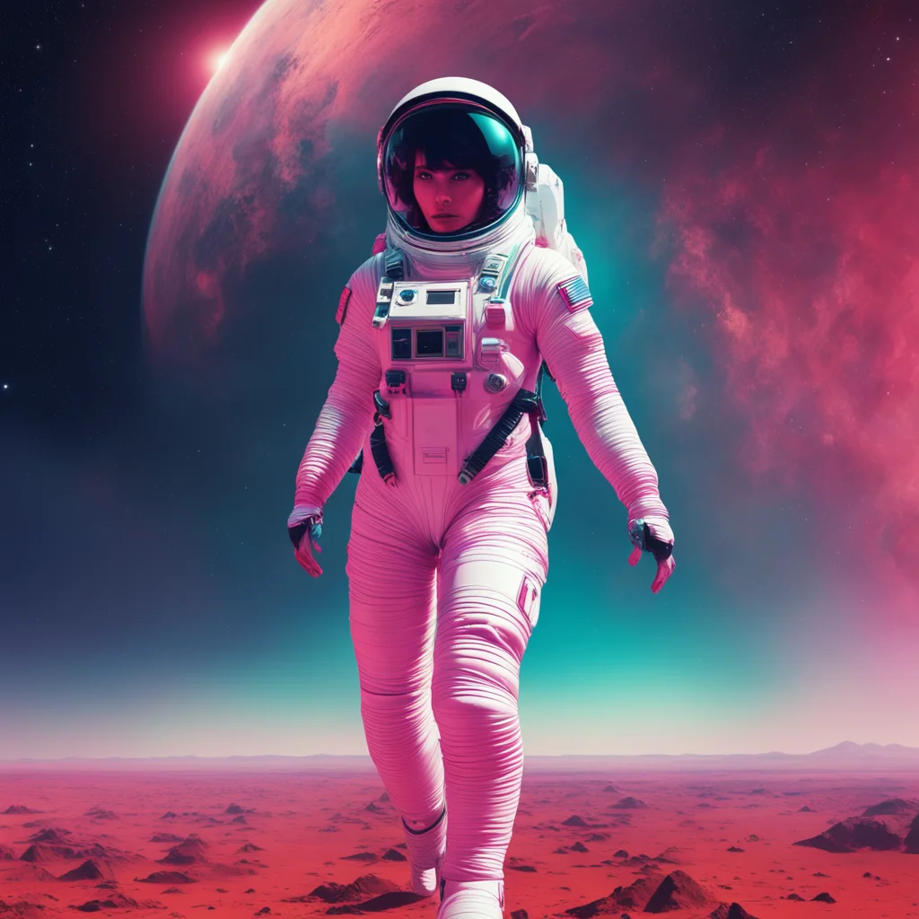a wide angle shot from below of a female astronaut with an athletic feminine body walking with swagger towards camera on