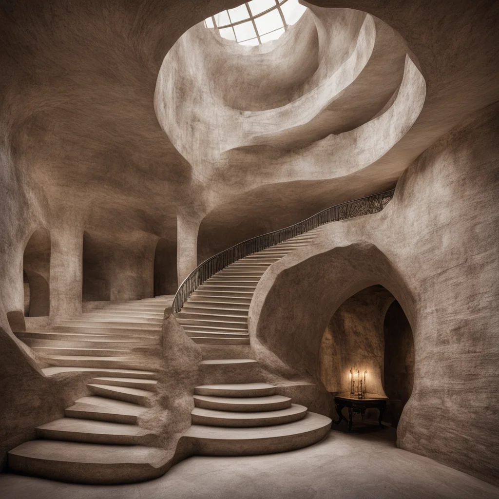 a winding staircase ascends from a giant underground cavernous mansion